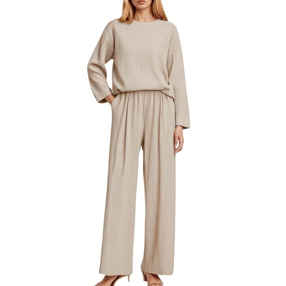 2 Piece Lounge Sets For Women Long Sleeve Ribbed Casual Tops Wide Leg Pants Two Piece Matching Travel Outfits For Fall Winter