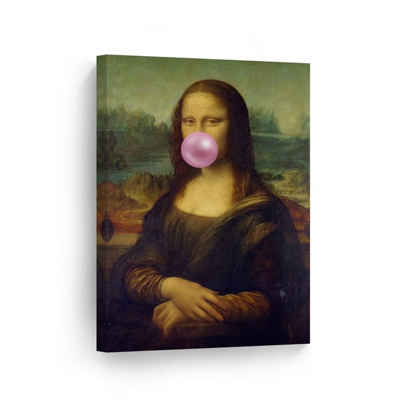 Smile Art Design Leonardo Da Vinci's Masterpiece Mona Lisa Pink Bubble Gum Art Canvas Print Famous Paintings Wall Art Classic Art Home Decor Stretched Ready to Hang Made in The USA 28x19