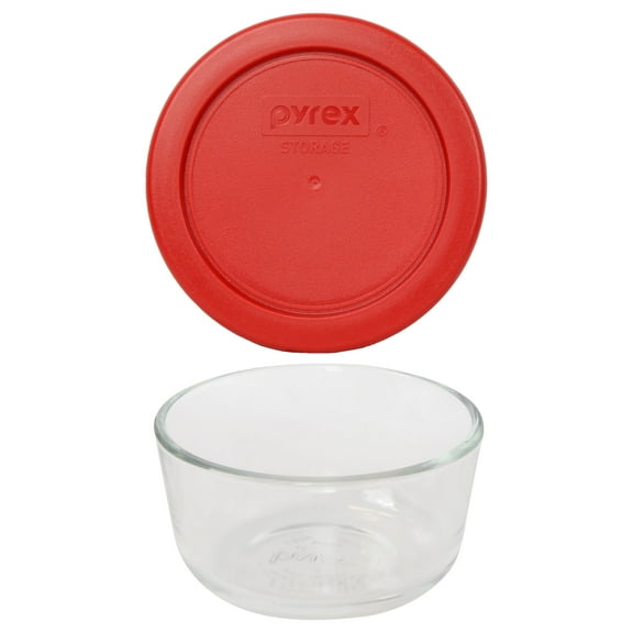Pyrex 7202 1-Cup Glass Food Storage Bowl with 7202-PC Poppy Red Plastic Lid Cover
