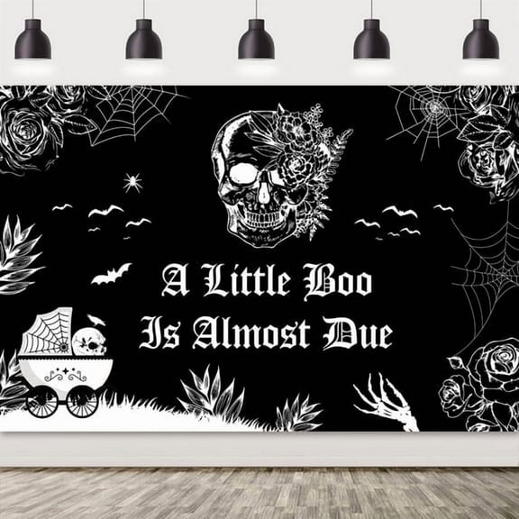 Halloween Baby Shower Backdrop A Little Boo is Almost Due Black Skull Bat Rose Boys Kids Hey Boo 1st Birthday Party Photography Background First Birthday Party Banner Decor