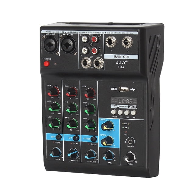 J.I.Y Professional 4-Channel Mixing Console Mini USB Mixer with Sound Card Effects Console Computer Tuning Soundcard Mixer with BT Connection Reverb Gain High and Low Tone Adjustment for Hom
