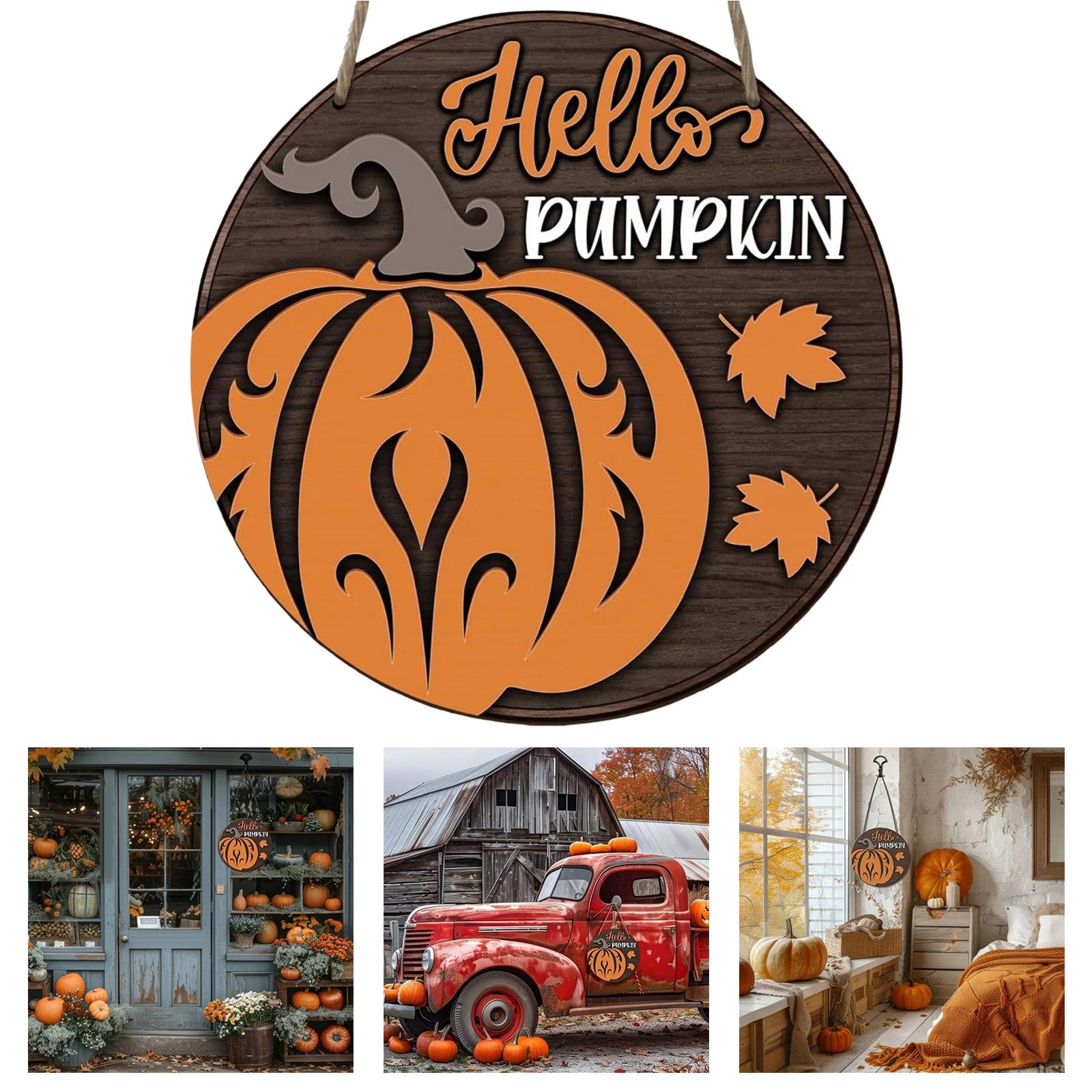 Panneau Décoration Automne Citrouille En Bois - Signalétique 'Bienvenue' 20x20cm - Déco Porte Mur Halloween Thanksgiving