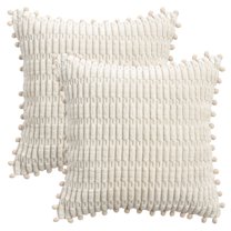 REGALWOVEN Corduroy Solid Throw Pillow Covers Set of 2 Plaid Texture Decorative Cushion with Pom-pom Edges Cases for Home Decor Beige 16" x 16"