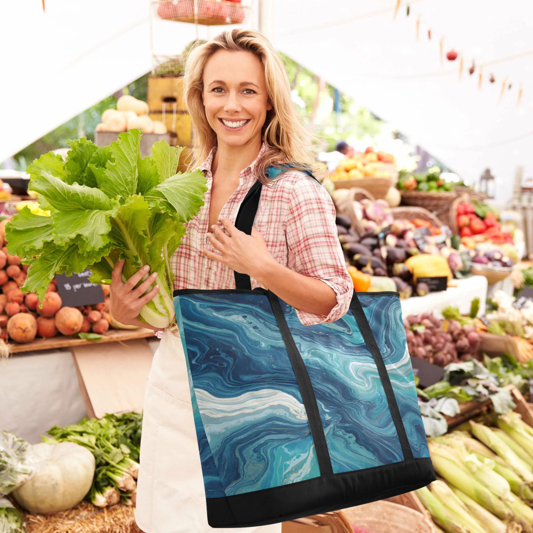 Extra-Large Wide Opening Design Capacity Hand-Held Ice Pack Thickened Insulation Layer For Long-Lasting Cold Retention For Outdoor Shopping Picnics And Camping Dark Blue Swirling