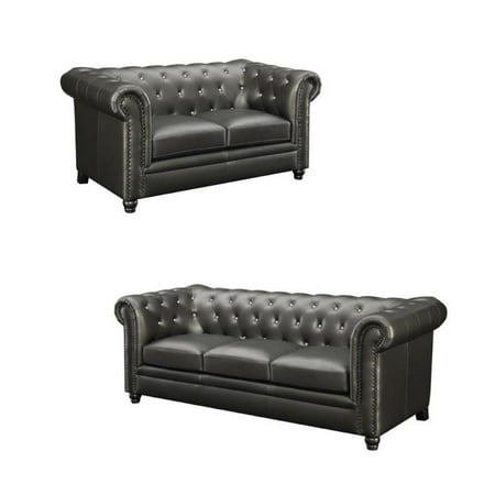 Roy 2 Piece Faux Leather Tufted Loveseat And Sofa Set In Gunmetal