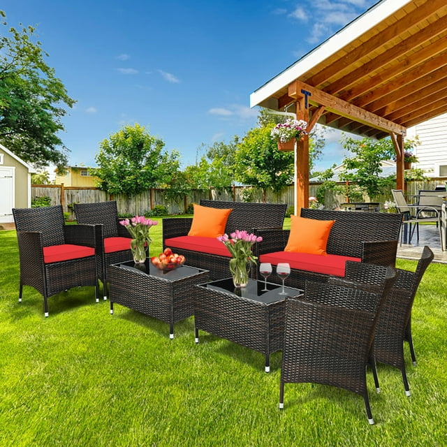 Gymax 8 Pièces Patio Rotin Conversation Meubles Ensemble Extérieur W / Coussin Brun & Rouge