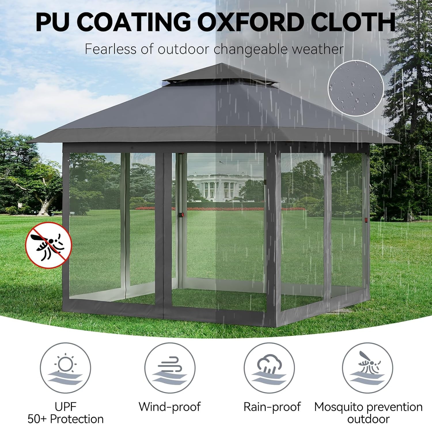 Senfot 12x12 FT Outdoor Folding Gazebo Canopy Tent with Mosquito Net Waterproof Windproof UV Resistant for Camping Party Yard Gray