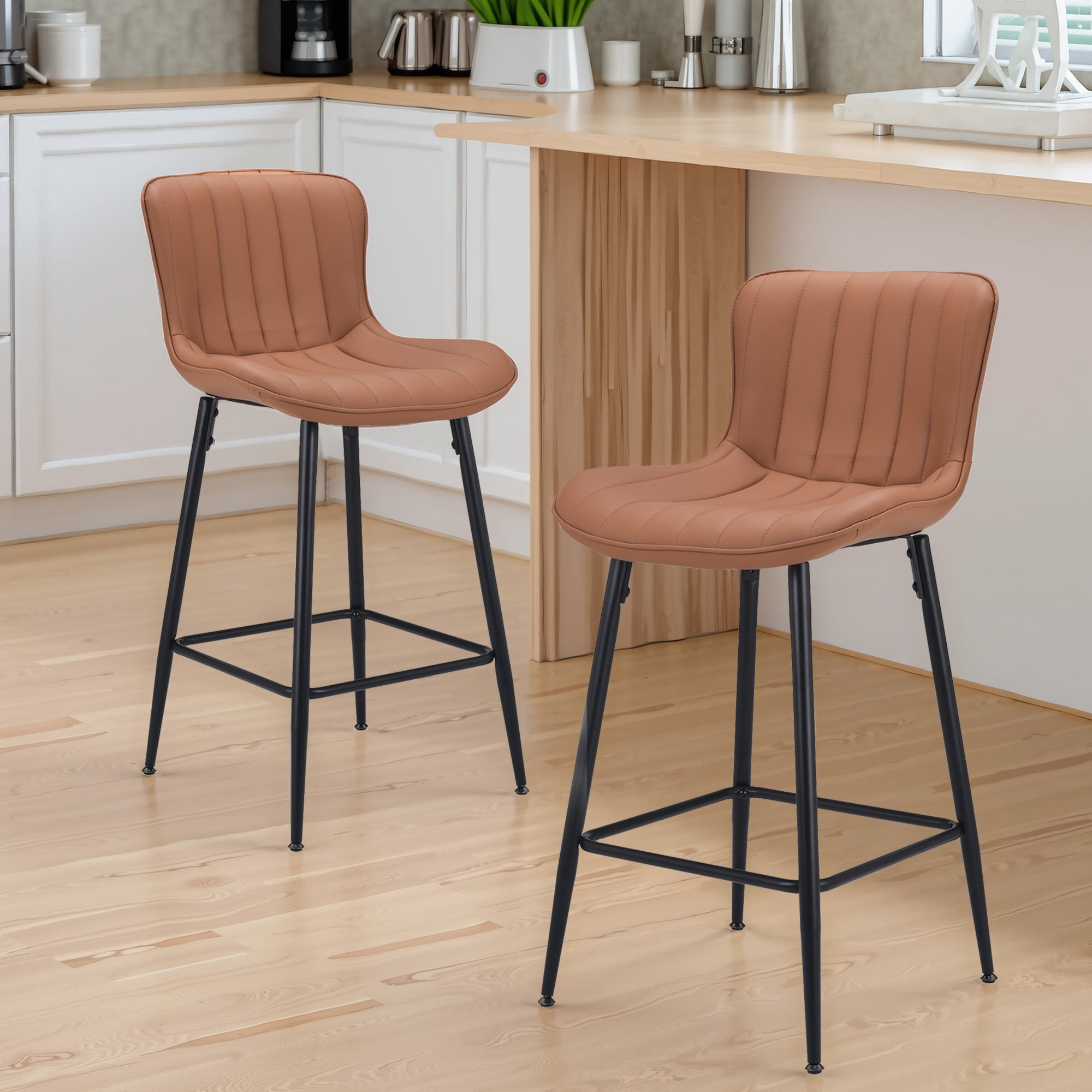 MAYEERTY Brown 2-Pack Faux Leather Counter Bar Stools, Modern Design for Kitchen Islands & Dining Rooms