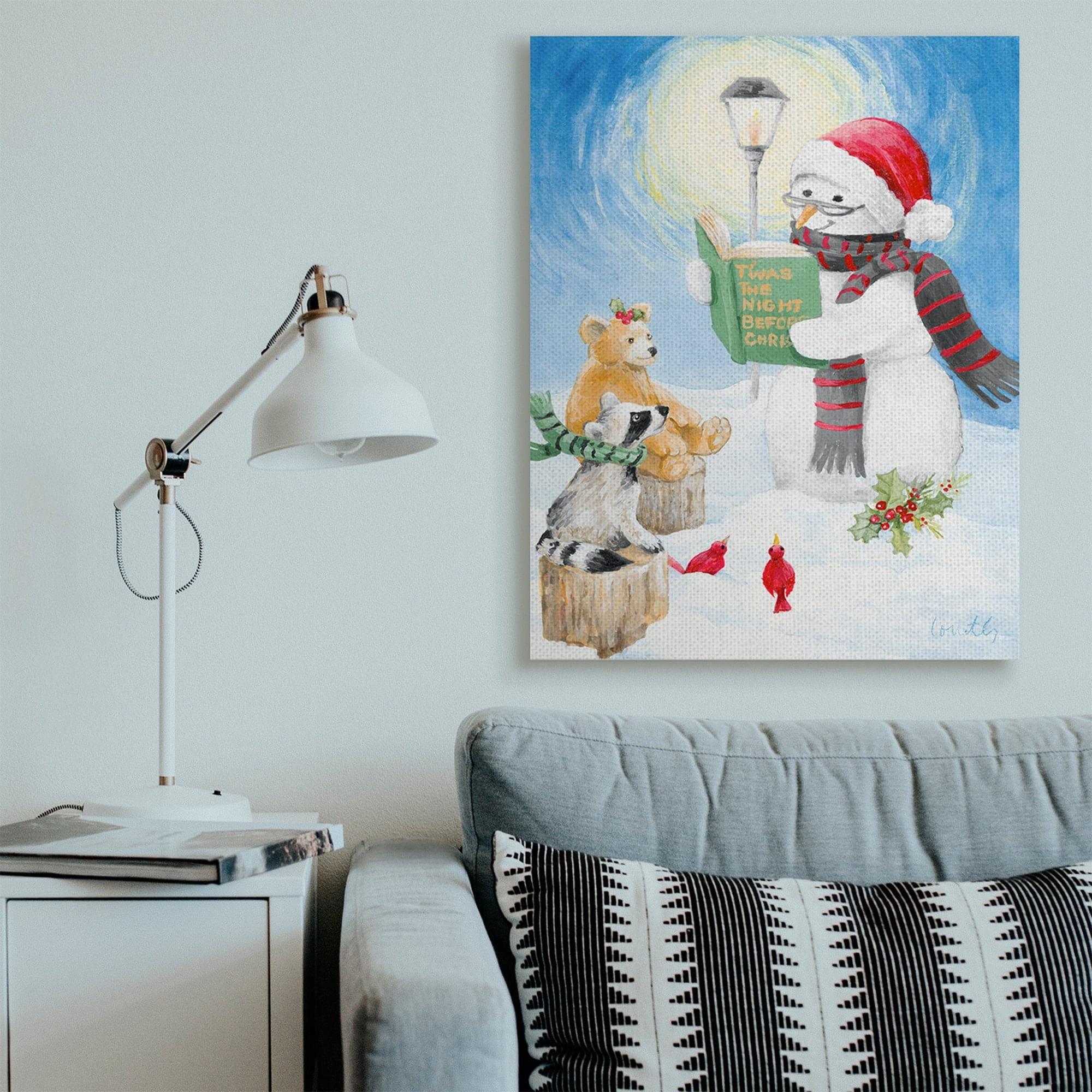 Stupell Industries Christmas Snowman Reading Winter Holiday Animals Holiday Painting Gallery Wrapped Canvas Art Print Wall Art, 30 x 40