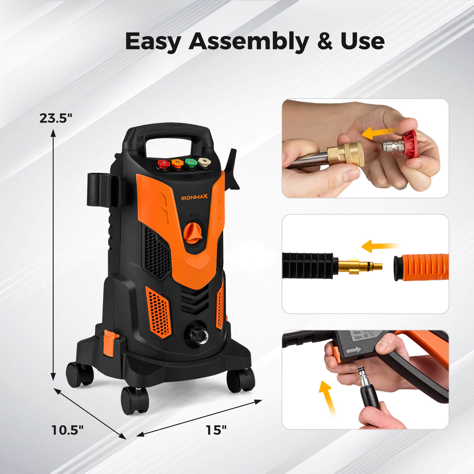 Ironmax Electric Pressure Washer with 4 Nozzles & Soap Bottle Lockable Wheels for Cleaning Orange