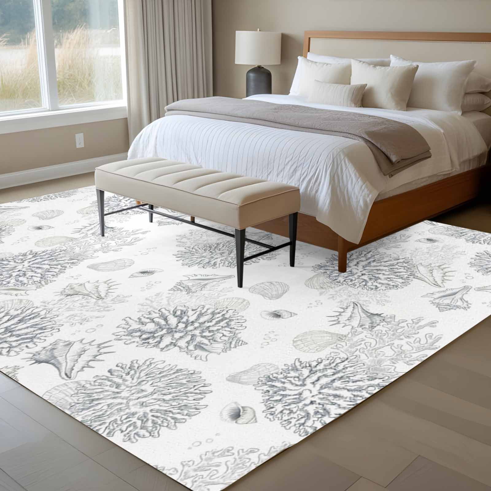 Gray Coastal Area Rugs 5'x8', Washable Small Throw Rugs for Classroom Bedroom, Summer Beach Ocean Coral Conch Shell Indoor Outdoor Rug Non-Slip Low Pile Carpet Runner Reversible Floor Mats
