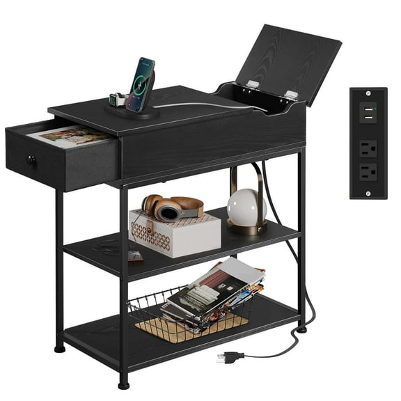 GALAXHERO Narrow End Table with Charging Station Side Table for Living Room, Couch Nightstand with Fabric Drawer for Bedroom Black