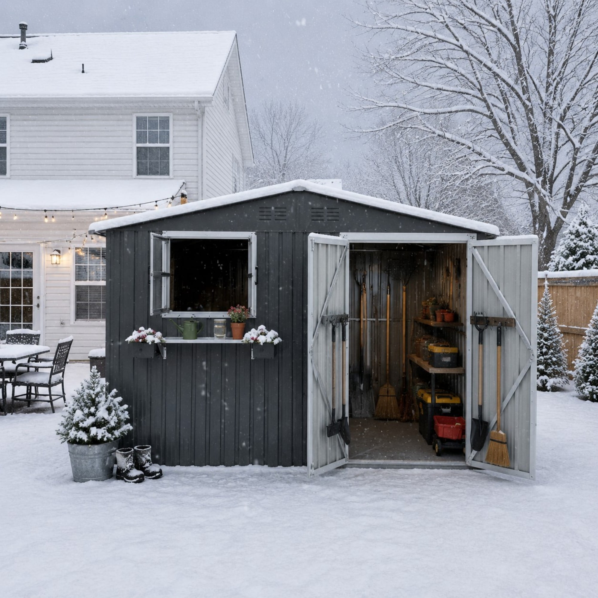 Aukfa 10x8 FT Outdoor Storage Shed with Lockable Doors&Flower Rack, Metal Garden Shed for Bike/Generator/Tool Storage, Coal Gray