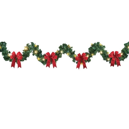 Garlands Indoor 6 Light - 9ft Lighted Winter Garland with Bows and Pine Accents, Indoor or Outdoor Christmas Decor