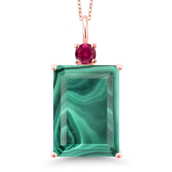 Gem Stone King 18K Rose Gold Plated Silver Green Malachite and Red Created Ruby Pendant Necklace for Women (18.25 Cttw, Emerald Cut 18X13MM, With 18 inch Silver Chain)