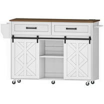 HOOBRO Kitchen Island with Storage, Power Outlet, Rolling Kitchen Island Cart on Wheels, with 2 Drawers, Sliding Barn Doors and Lockable Wheels, Farmhouse, White and Walnut WH28UZD01