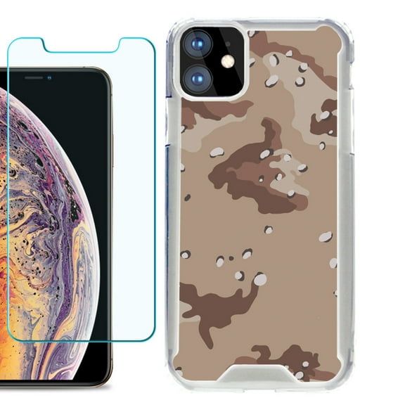 For Apple iPhone 11 Case, Hybrid Bumper Phone Case, with Tempered Glass Screen Protector, by OneToughShield ® - Desert Camo