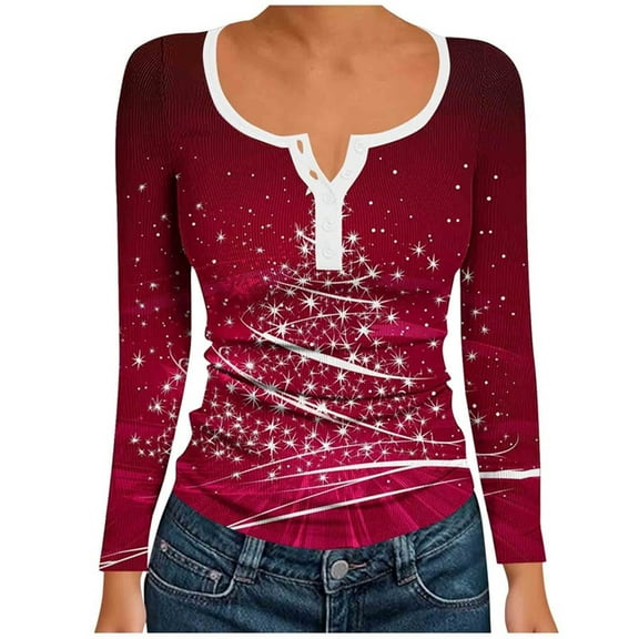 Christmas Tshirts Women Funny Christmas Tree Print T-Shirt Long Sleeve V-Neck Button Top for Holiday Fashion Blouse My Items