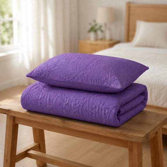 2/3Pcs Bedspread Set Includes 1 Bed Cover 1/2 Pillowcase, Ultrasonic Quilted, 3D Coin Embossed All-Season Bedding(Purple,Twin)