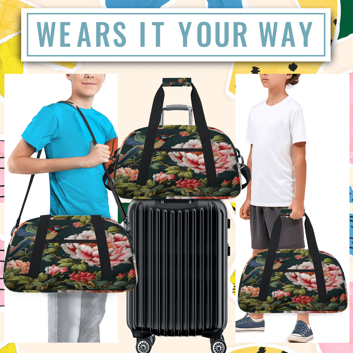 Herdesigns Flowers and Birds Sports Duffle Bag for Women & Men, Retro Theme Gym Bag Dance Bag Overnight Bag Carry On Weekender Travel Bag