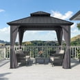 thumbnail image 3 of PURPLE LEAF 10' X 10' Hardtop Gazebo Permanent Gazebo with Galvanized Steel Double Roof for Patio Lawn Garden Aluminum Gazebo with Netting and Curtains Grey, 3 of 14