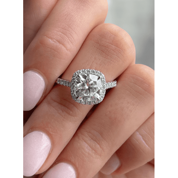 2.00Ct Cushion Cut Moissanite Halo & Cathedral 2mm Pavé Engagement Ring, 10K White Gold, US 10