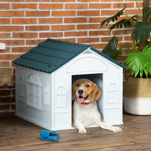 PawHut Water Resistant Plastic Dog House Puppy Shelter for Indoor Outdoor
