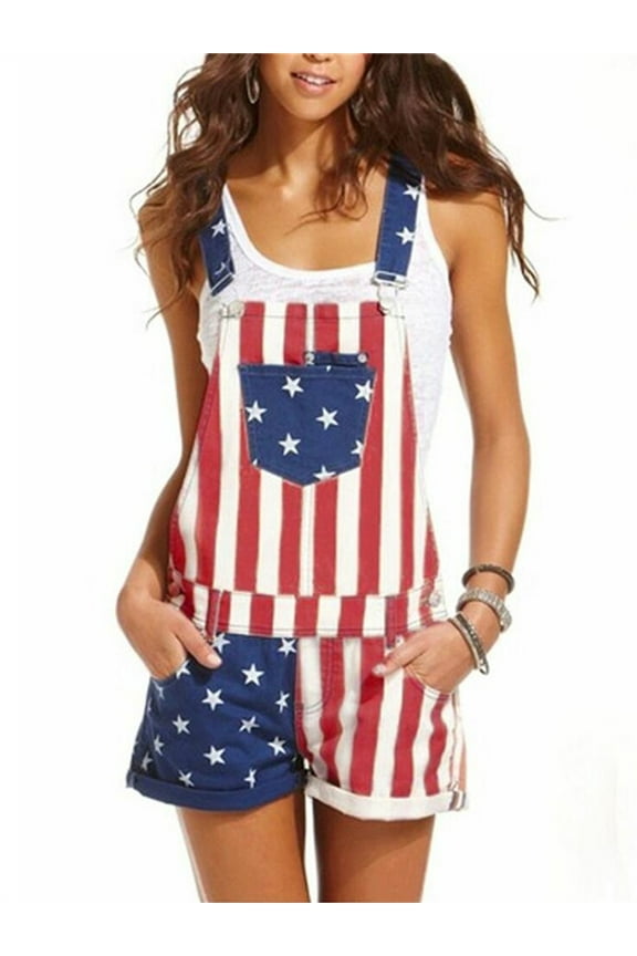 American Flag Overalls Adjustable Strap Bib Denim Shorts Romper July 4th Jumpsuit for Women