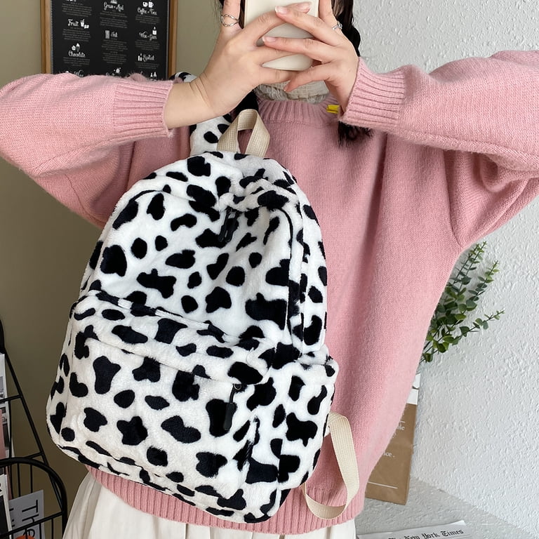 Yucurem Vintage Women Cow Pattern School Bags Plush Backpack  display picture 2