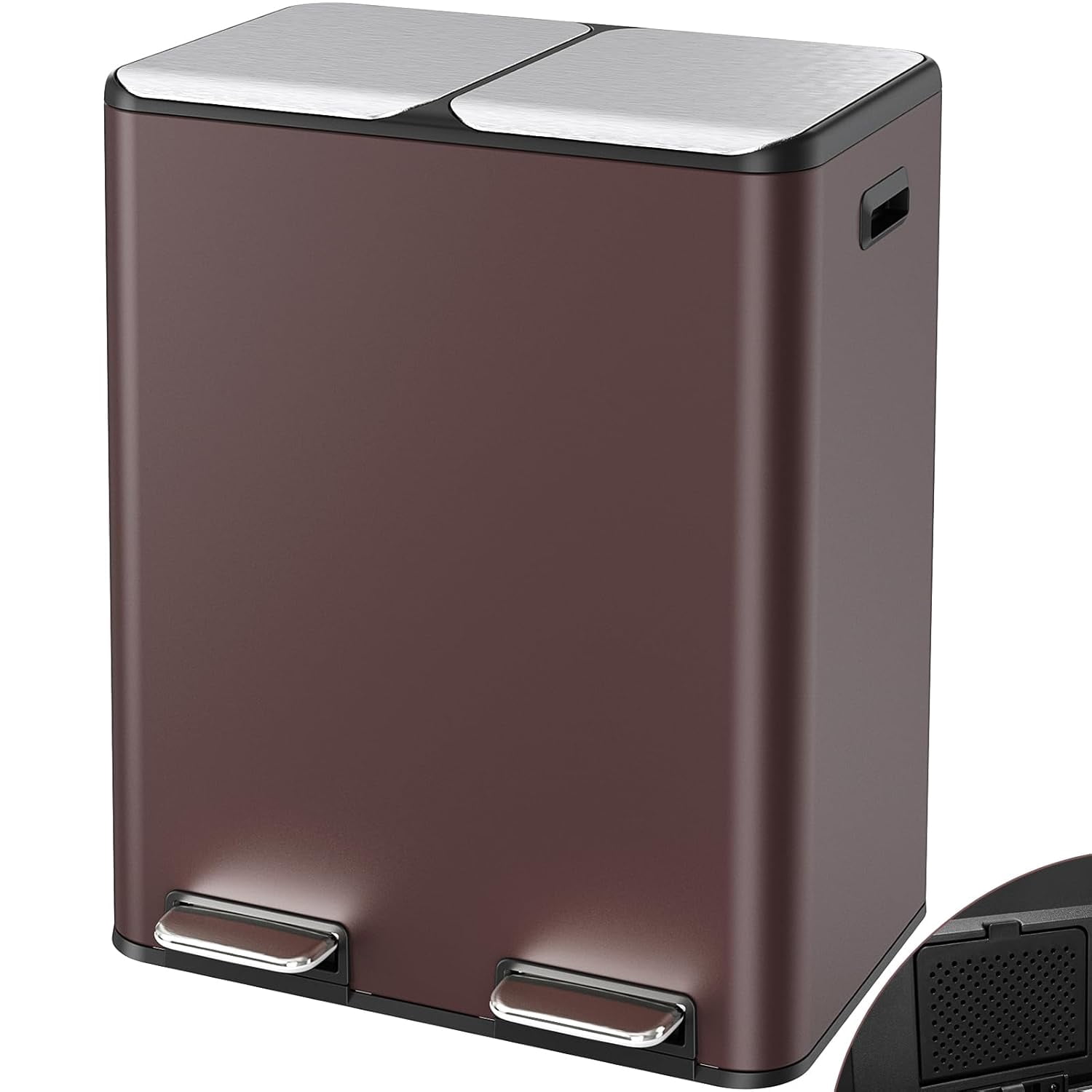 LAZY BUDDY 16 Gallon Kitchen Trash Can with Dual Compartments, Stainless Steel Recycling Garbage Bin with Inner Buckets, 2 Built-in Box for Odor Control