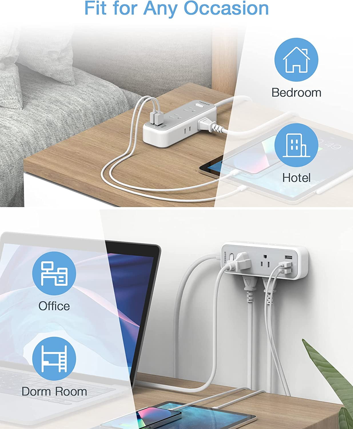 TESSAN Multi Plug-Outlet Splitter 5 AC Surge Protector Outlet Extender with 3 USB Wall Charger