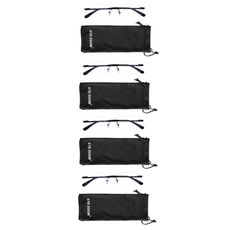 EYE ZOOM 4 Pack Unisex Rimless Metal Frame Reading Glasses with Pouch for Men and Women (Black +2.25)