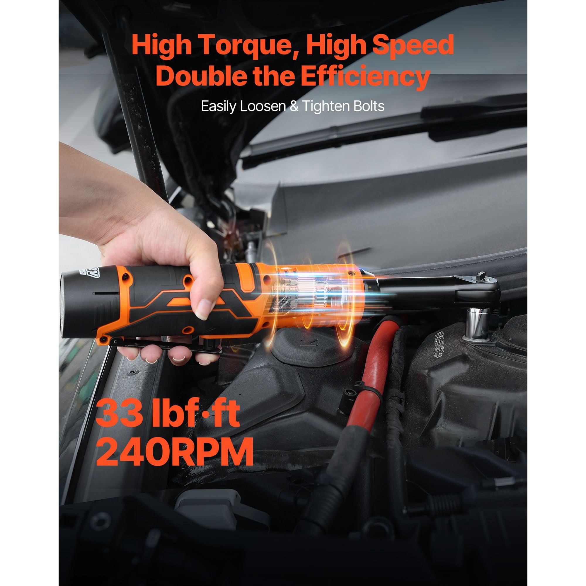 Cordless Ratchet Wrench 3/8" with 33 ft-lbs Torque, 240 RPM, Dual 2000mAh Batteries, LED Light, for Automotive Mechanical Work