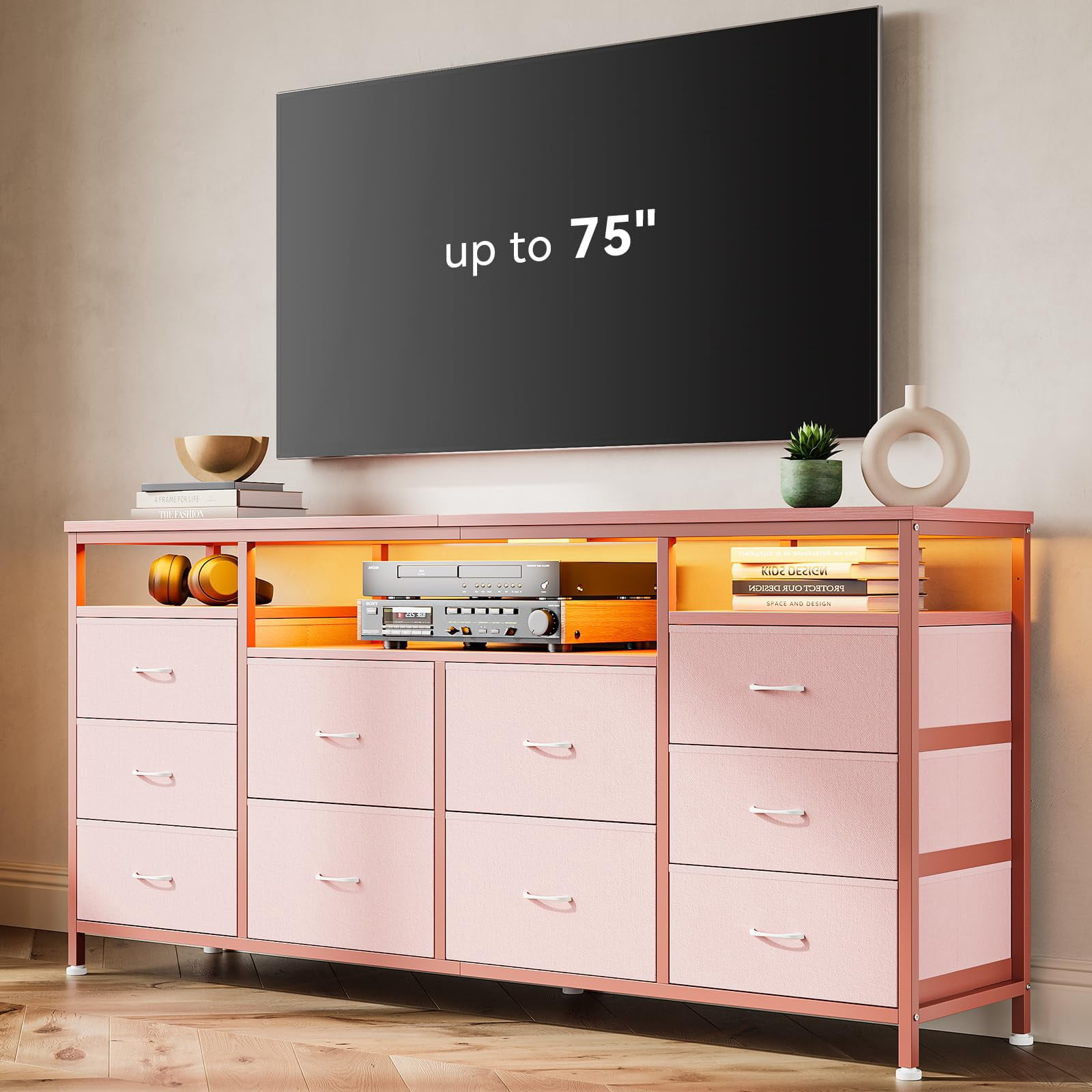 TROPOW Tv Stands for Living Room,10 Drawer Dresser Tv Stand for 65 70 75 Inch Tv,63" W Long Fabric Dresser Entertainment Center, Chest of Drawers Dresser for Bedroom with Led Lights & Power Outlets
