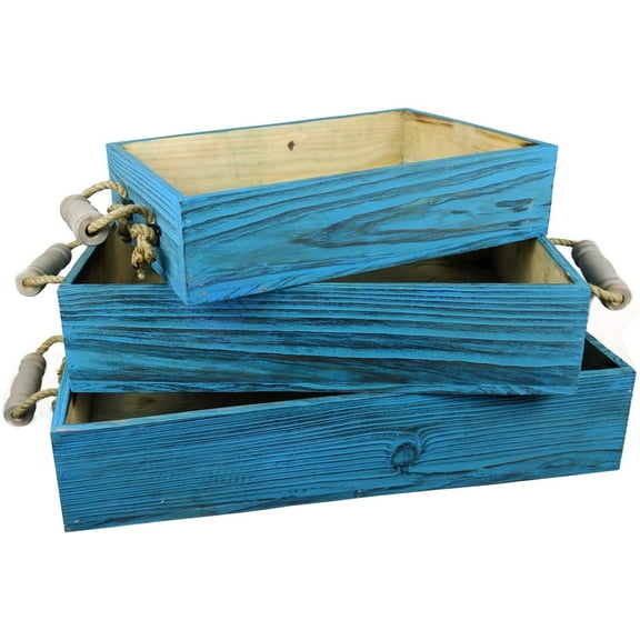 Nagina International Vintage Rustic Wooden Crate Trays with Rope Handles- Set of 3 - Pirate Home Decor Gift