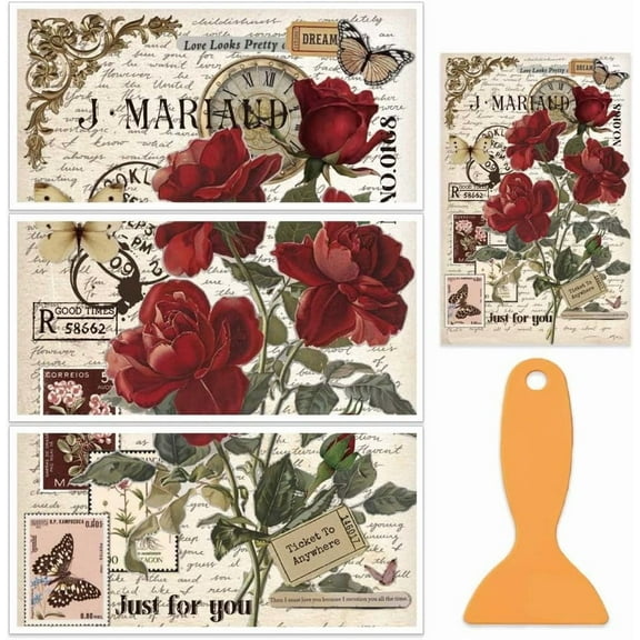 3Pcs/Set Vintage Rose Rub on Transfers for Furniture and Crafts 12x6 Inch Letterhead Furniture Decals Decor Butterfly Furniture Transfer Stickers for Wood Furniture Decor Scrapbooking