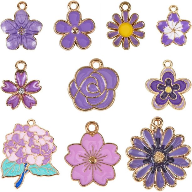 1 caja de 40 piezas de 10 estilos de dijes de flores moradas, dijes de violeta, girasol, rosa, flores esmaltadas, dijes florales