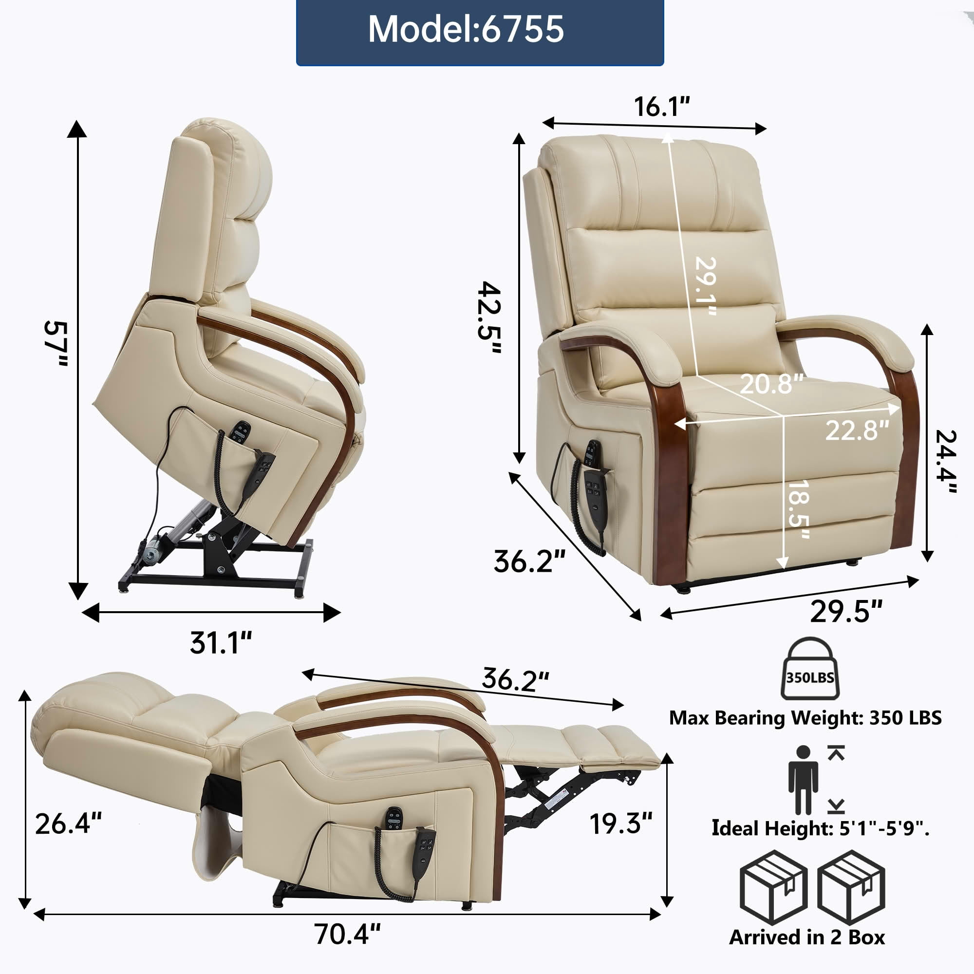 MAYEERTY Beige Leatheraire Dual Motor Power Lift Recliner, 350lbs Solid Wood Armrest Massage Heat 30"x36"x43" for Elderly
