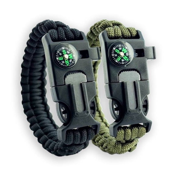 [2 Pack] Paracord Fire Bracelet | Black & Green | Bracelet w/Fire Starter, Survival Whistle & Compass | Survival Gear for Camping - Hiking - Hunting - Fishing & Emergencies