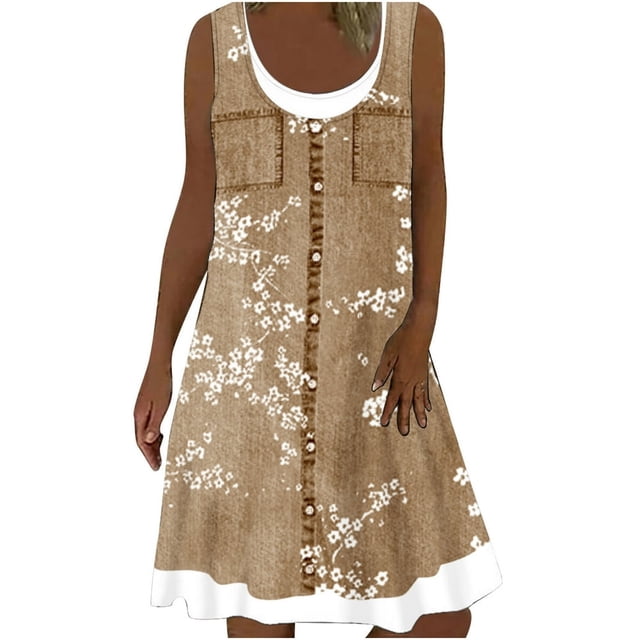 JUNWELL Été Dégagement Femmes Robes Femmes Été Robe Vintage en Vrac V-Cou Imprimé Sans Manches Débardeur Robe Midi