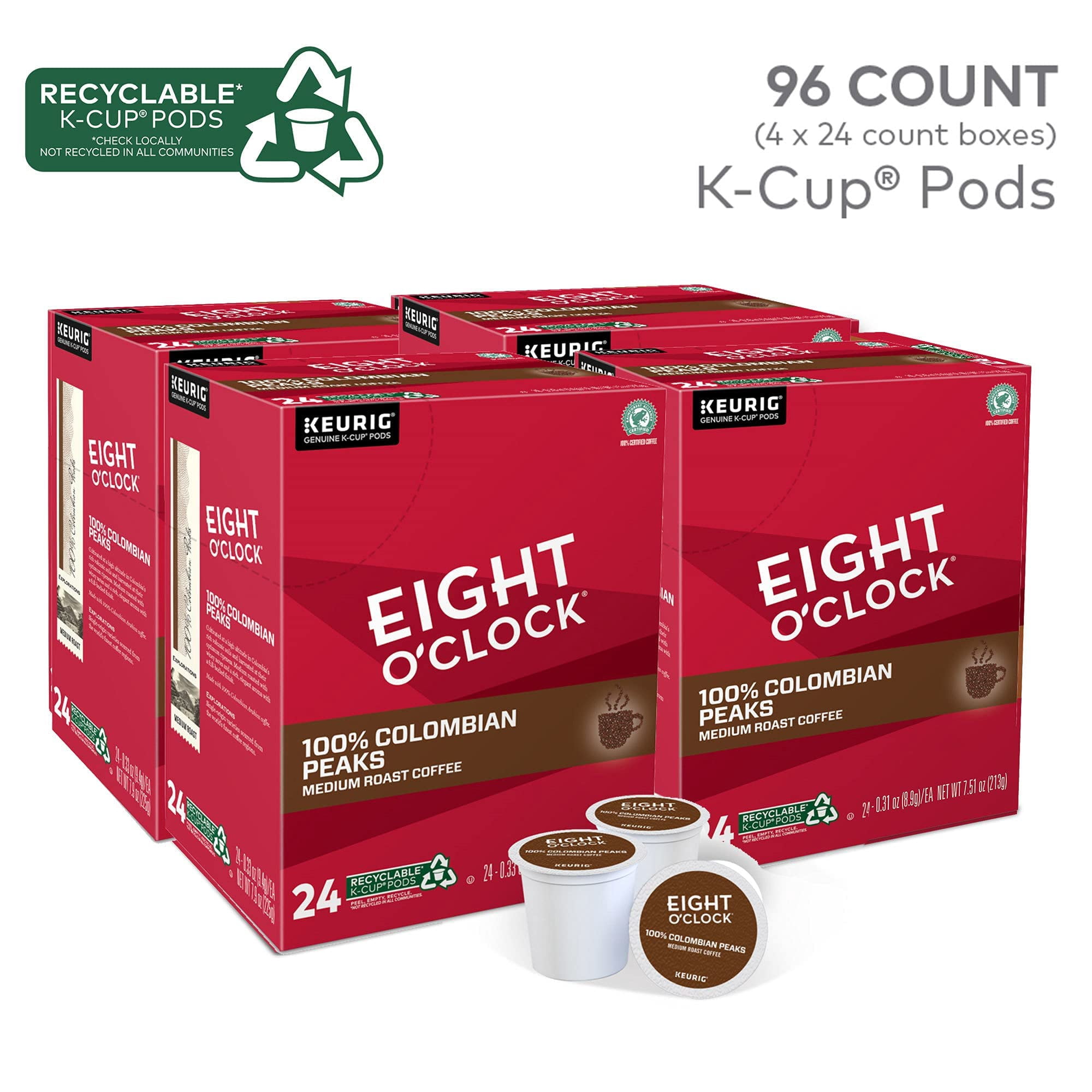 Eight O,Clock Coffee Colombian Peaks Single-Serve Keurig K-Cup Pods, Medium Roast Coffee Pods, 96 Count