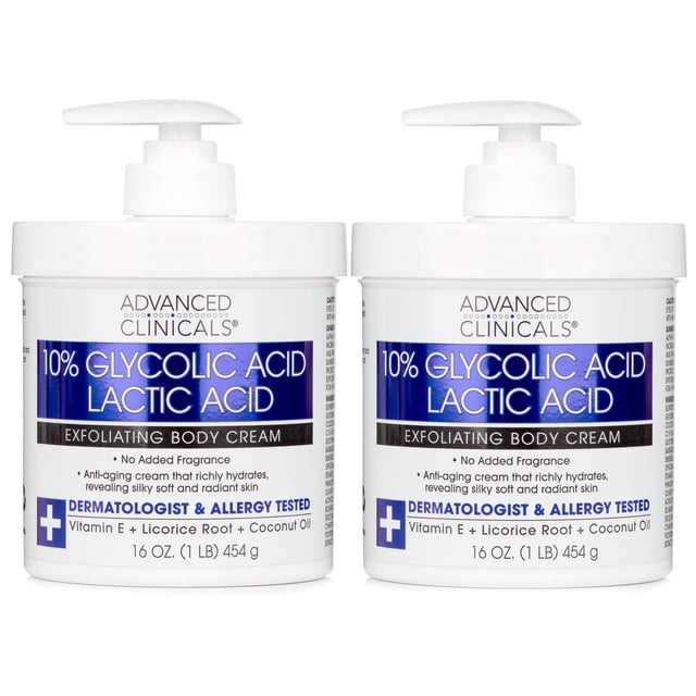 Advanced Clinicals 10% ácido glicólico + loción de ácido láctico crema hidratante exfoliante con humectante de ácido hialurónico | La crema corporal exfoliante AHA mejora el aspecto de la textura desi