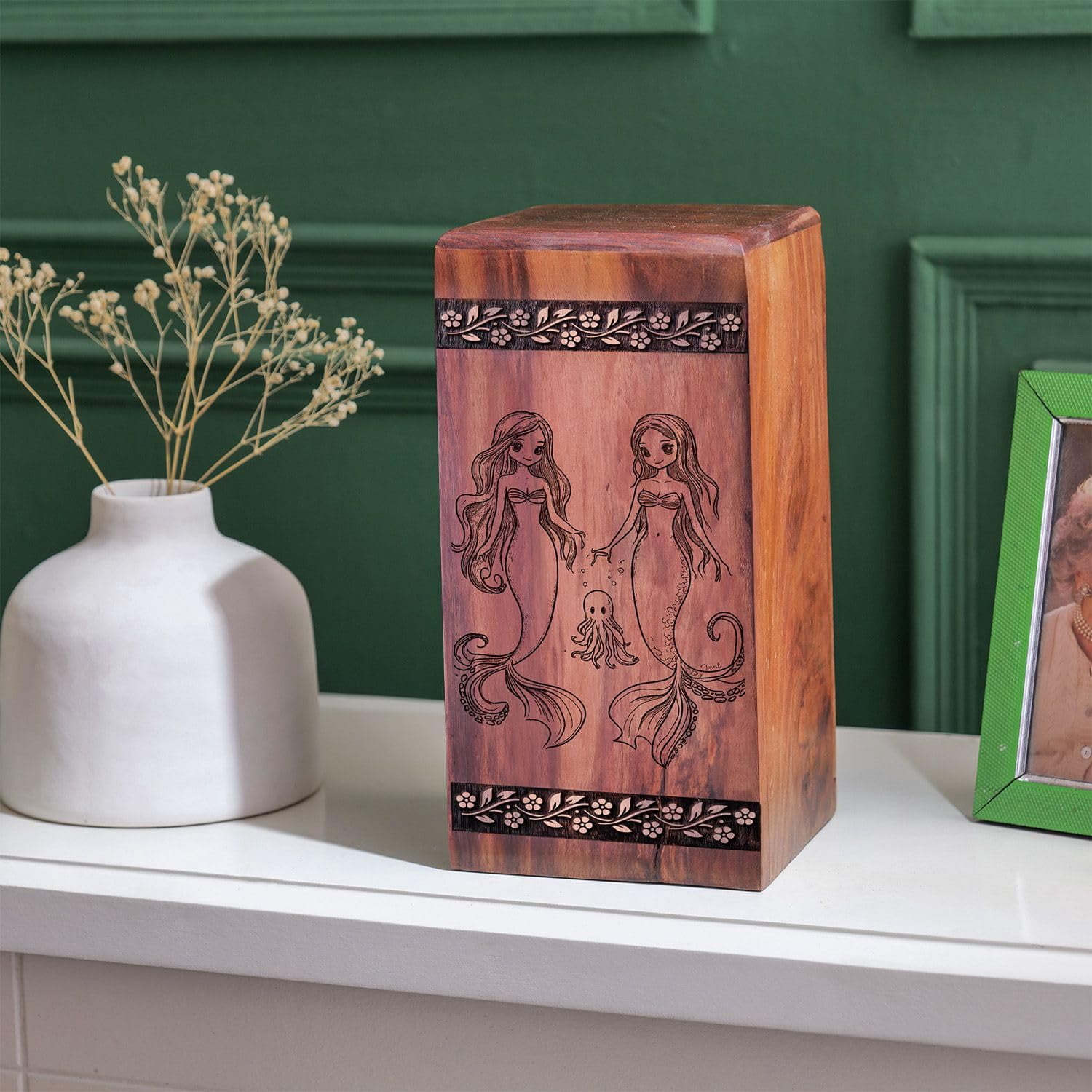 Mermaids Urn - Wooden Mermaid and Octopus Urns for Human Ashes Adult Male - Cremation Urns for Mom - Memorial Keepsake Urns Box - 10Inch, Large Size - Single 1Pcs