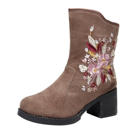 

Mid-Calf Boots for Women Embroidery Boots Fashion High Heels Women Tassel Flowers Shoes Ankle Boots Boots Women Women s Boots PU Dress Sandals for Women Brown