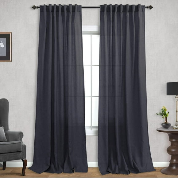 AIR-Charcoal Grey Back Tab Linen Textured Curtains 120 Inch Length for Living Room Bedroom, 10FT Tall Extra Long Dark Gray Semi Sheer Window Drapes for Patio High Ceiling Balcony Backdrop, Set 2 Pane