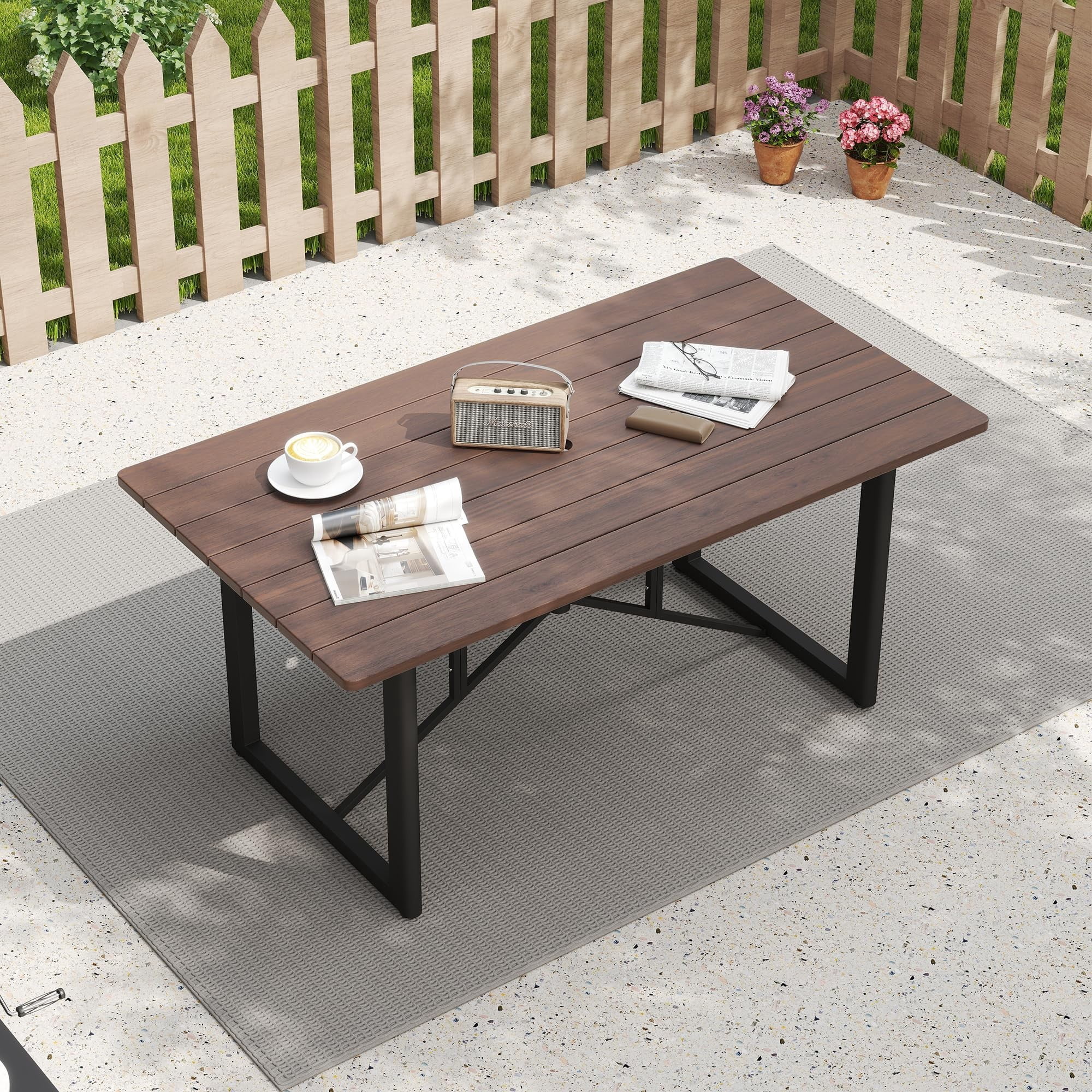 Outdoor Acacia Wood Dining Table for 6, Patio Table with Aluminum Frame & Umbrella Hole, Rectangle Outdoor Dining Table for Backyard Deck Garden