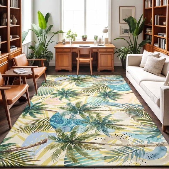 Large Area Rugs 9'x12', Tropical Plant Carpet Runner Indoor Outdoor Rugs Home Decor Aesthetic, Summer Watercolor Boho Green Palm Tree Beige Non Slip Mats Washable Accent Rug for Living Room Bedroom