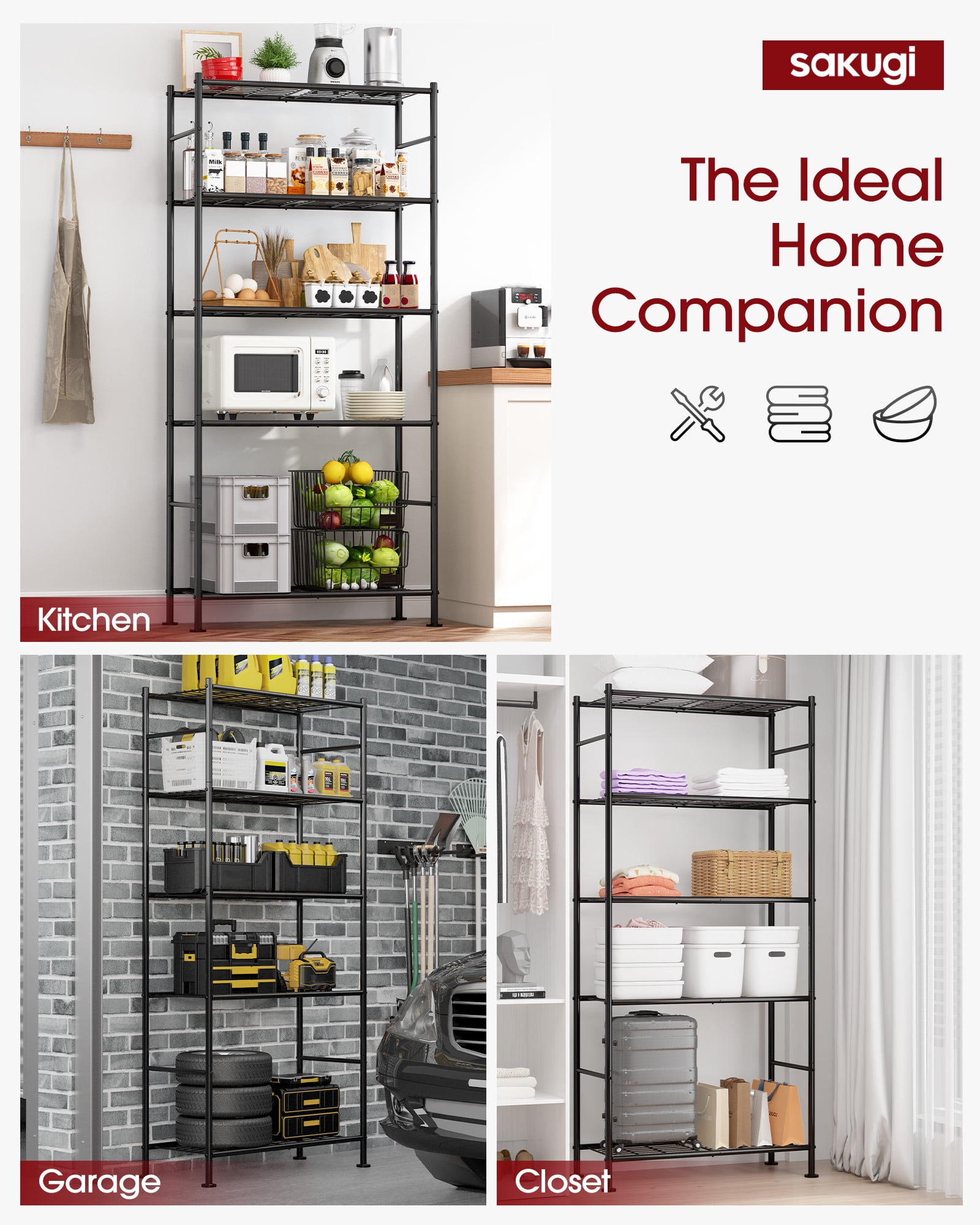 Sakugi Storage Shelves, 5-Tier Heavy-Duty Metal Organizer Rack, Adjustable Garage Shelf with Leveling Feet, Black,  33.1" W x 12" D x 71" H