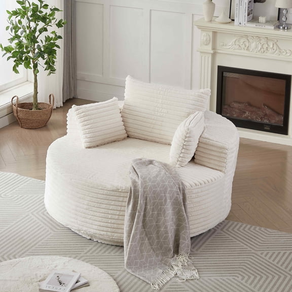 FFH 55" Corduroy Swivel Chair, Round Lounge Chair Accent Chair, Beige