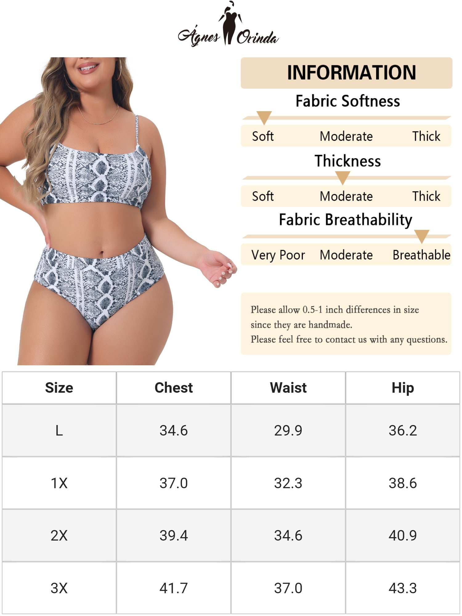 DARING DIVA Women's Plus 2pcs Bikini Set High Waisted Swimwear L Grey